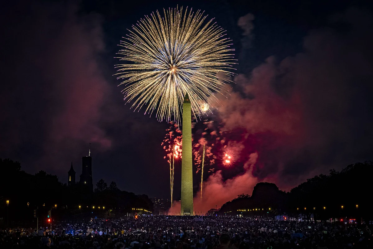 People fill the National Mall to watch the fireworks display during Independence Day celebrations on July 4, 2021 in Washington, DC.