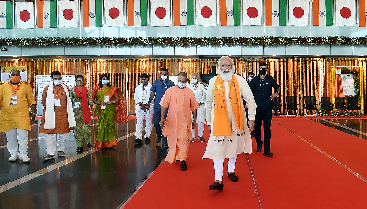 Prime Minister Narendra Modi along with Chief Minister of Uttar Pradesh, Yogi Adityanath visiting after inaugurating the International Cooperation and Convention Centre - Rudraksh, in Varanasi on Thursday.