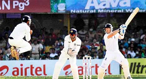 England batsman Matt Prior (R) stitched a 141-run partnership along with captain Alastair Cook to lead visitors recovery after they were made to follow-on on day four of the first Test at Motera in Ahmedabad on Sunday.