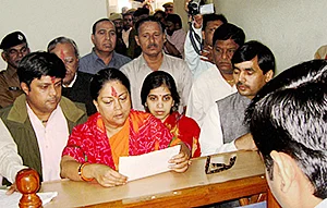Rajasthan BJP chief Vasundhara Raje filing her nomination papers from the Jhalrapatan assembly seat in Jhalawar district on Monday.