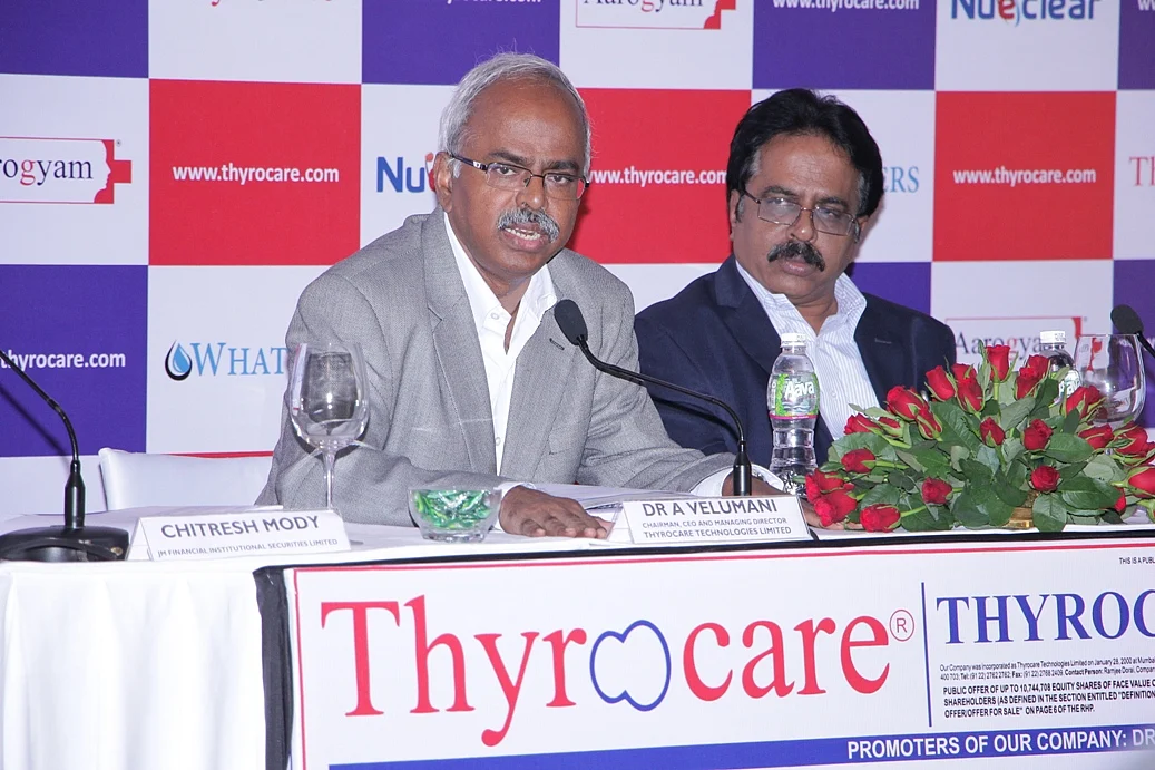 Dr A Velumani (Chairman, CEO and Managing Director, Thyrocare Technologies Limited) and A. Sundararaju (Executive Director) and Chief Financial Officer, Thyrocare Technologies Limited at the IPO Press Conference of the Company.