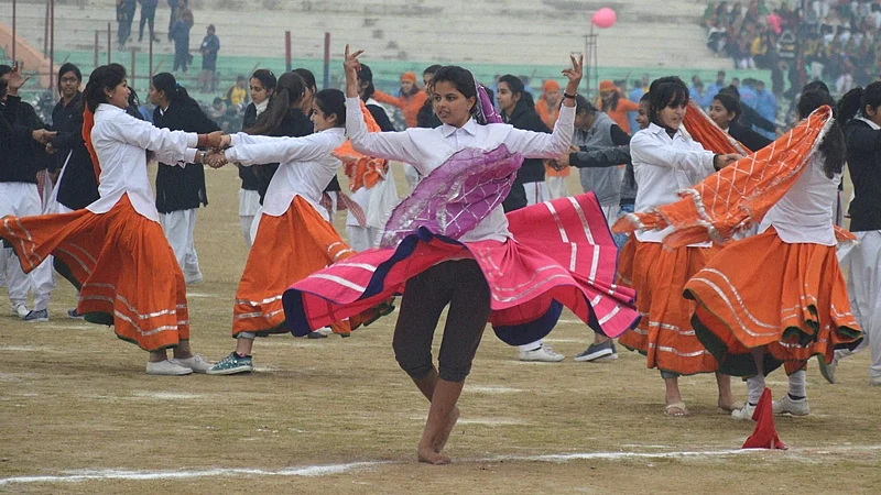 Jammu: School children perfrom during a rehearsal for the Republic Day parade in Jammu on Tuesday. PTI Photo