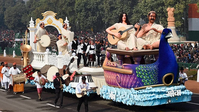 New Delhi: The tableau of Goa passes through the Rajpath during the full dress rehearsal of the Republic Day parade, in New Delhi on Monday. PTI Photo by Kamal Singh