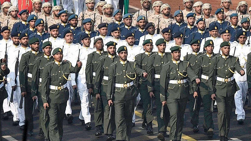New Delhi: UAE contingent march past during the full dress rehearsal for the Republic Day parade, at Rajpath in New Delhi on Monday. PTI Photo by Kamal Singh