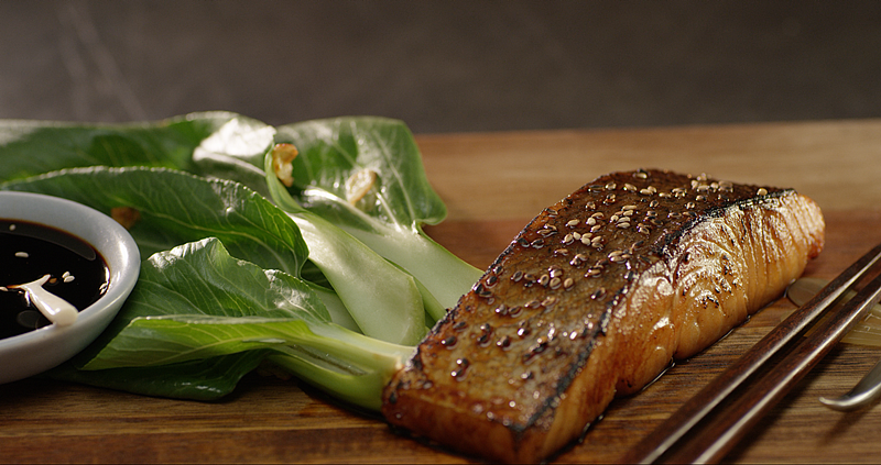 Teriyaki salmon bok choy, crisp garlic and sesame
