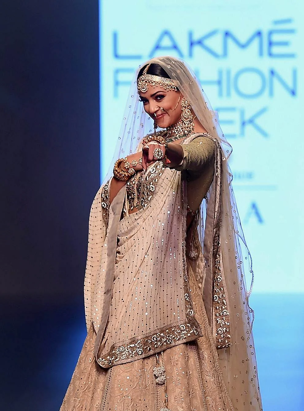 Mumbai: Bollywood actor Sushmita Sen walks the ramp displaying the collection of designers Muzaffar and Meera Ali at Lakme Fashion Week Summer Resort 2018 Mumbai, on Saturday. PTI Photo by Mitesh Bhuvad (PTI2_3_2018_000162B)