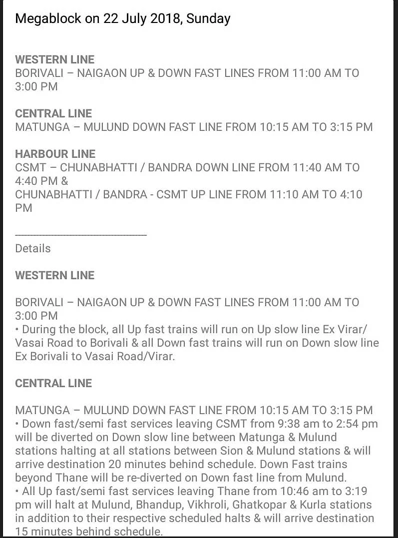 Mumbai Mega/Jumbo Block: Central line, Harbour line, Western line updates for July 22, 2018