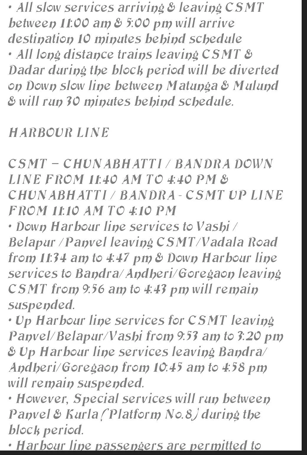 Mumbai Mega/Jumbo Block: Central line, Harbour line, Western line updates for July 22, 2018