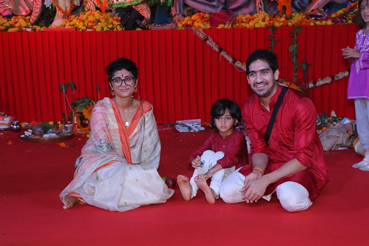 Koran Raon with son Azad and Ayan Mukerji at Durga pandal. Photo by Viral Bhayani