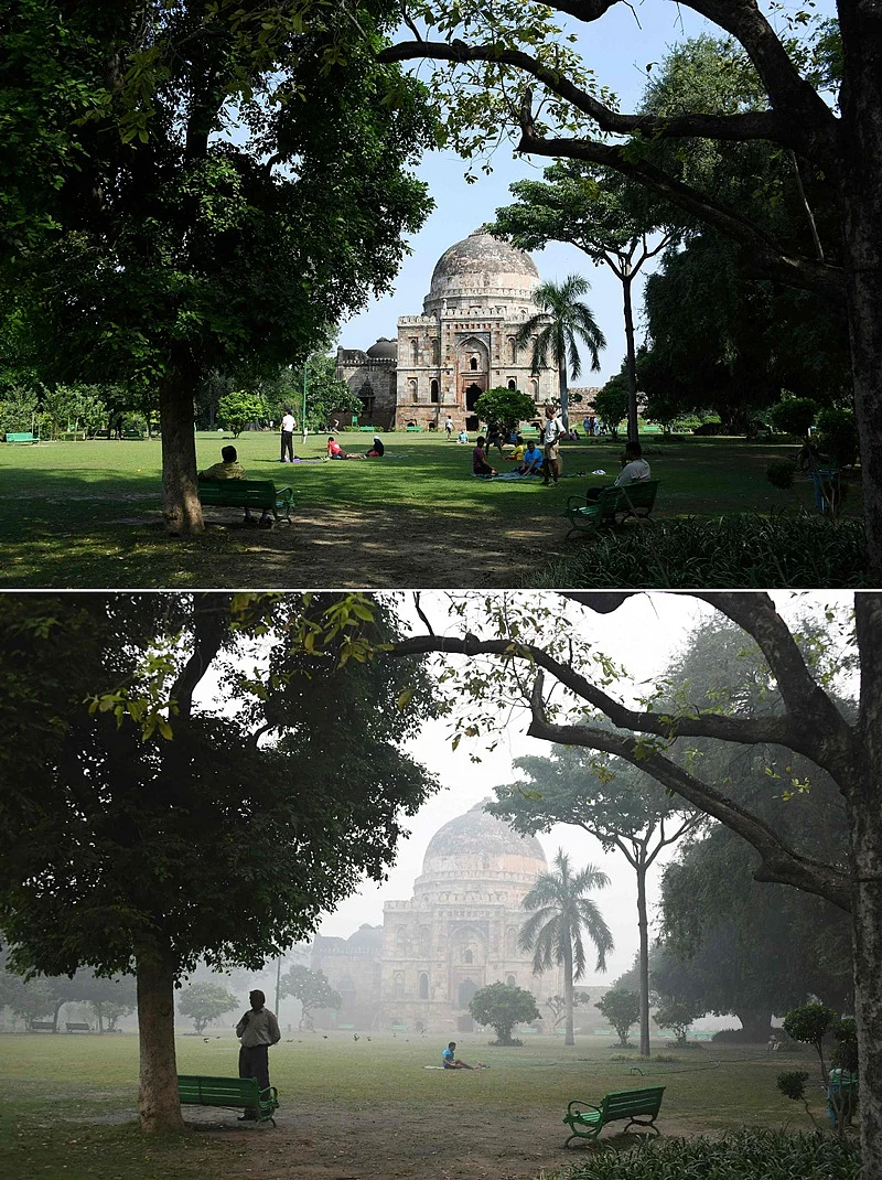 (COMBO) This combination of pictures created on November 2, 2018 shows (top) a Mughal-era tomb in Lodhi Gardens on a sunny day in New Delhi on September 15; and (bottom) the same tomb in Lodhi Gardens amid heavy smog conditions in New Delhi on October 30. – Smog levels spike during winter in Delhi, when air quality often eclipses the World Health Organization’s safe levels. Cooler air traps pollutants — such as from vehicles, building sites, Diwali firecrackers and farmers burning crops in regions outside the Indian capital — close to the ground. (Photos by Dominique FAGET / AFP) / To go with INDIA-POLLUTION-RELIGION-COURT-FIRECRACKER text