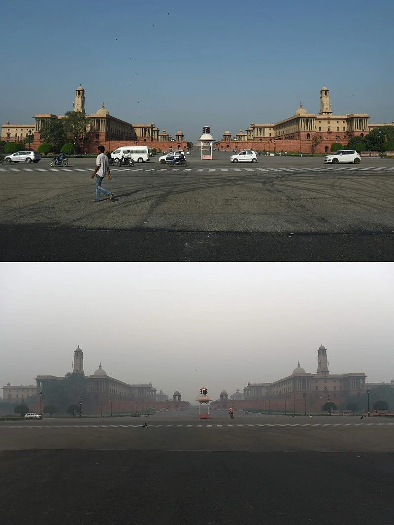 (COMBO) This combination of pictures created on November 2, 2018 shows Indian government department buildings in New Delhi on September 20; and (bottom) the same Indian government department buildings amid heavy smog conditions in New Delhi on November 2. – Smog levels spike during winter in Delhi, when air quality often eclipses the World Health Organization’s safe levels. Cooler air traps pollutants — such as from vehicles, building sites, Diwali firecrackers and farmers burning crops in regions outside the Indian capital — close to the ground. (Photos by Money SHARMA / AFP) / To go with INDIA-POLLUTION-RELIGION-COURT-FIRECRACKER text