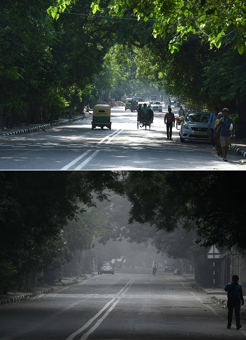 (COMBO) This combination of pictures created on November 2, 2018 shows (top) a street on a sunny day on September 14; the same street amid heavy smog conditions on October 30. – Smog levels spike during winter in Delhi, when air quality often eclipses the World Health Organization’s safe levels. Cooler air traps pollutants — such as from vehicles, building sites, Diwali firecrackers and farmers burning crops in regions outside the Indian capital — close to the ground. (Photos by Dominique FAGET / AFP) / To go with INDIA-POLLUTION-RELIGION-COURT-FIRECRACKER text
