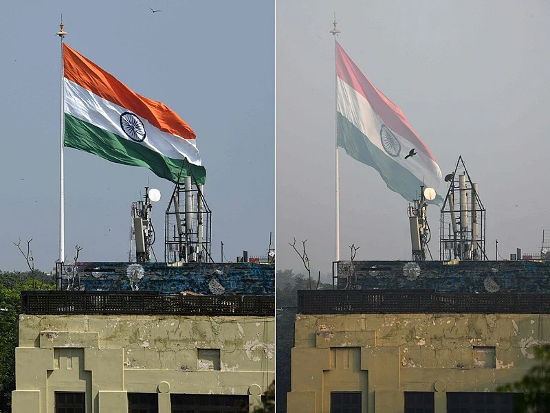 (COMBO) This combination of pictures created on November 2, 2018 shows (L) the Indian national flag flying in New Delhi on September 12; and (R) the same scene amid heavy smog conditions on October 30. – Smog levels spike during winter in Delhi, when air quality often eclipses the World Health Organization’s safe levels. Cooler air traps pollutants — such as from vehicles, building sites, Diwali firecrackers and farmers burning crops in regions outside the Indian capital — close to the ground. (Photos by Dominique FAGET / AFP) / To go with INDIA-POLLUTION-RELIGION-COURT-FIRECRACKER text