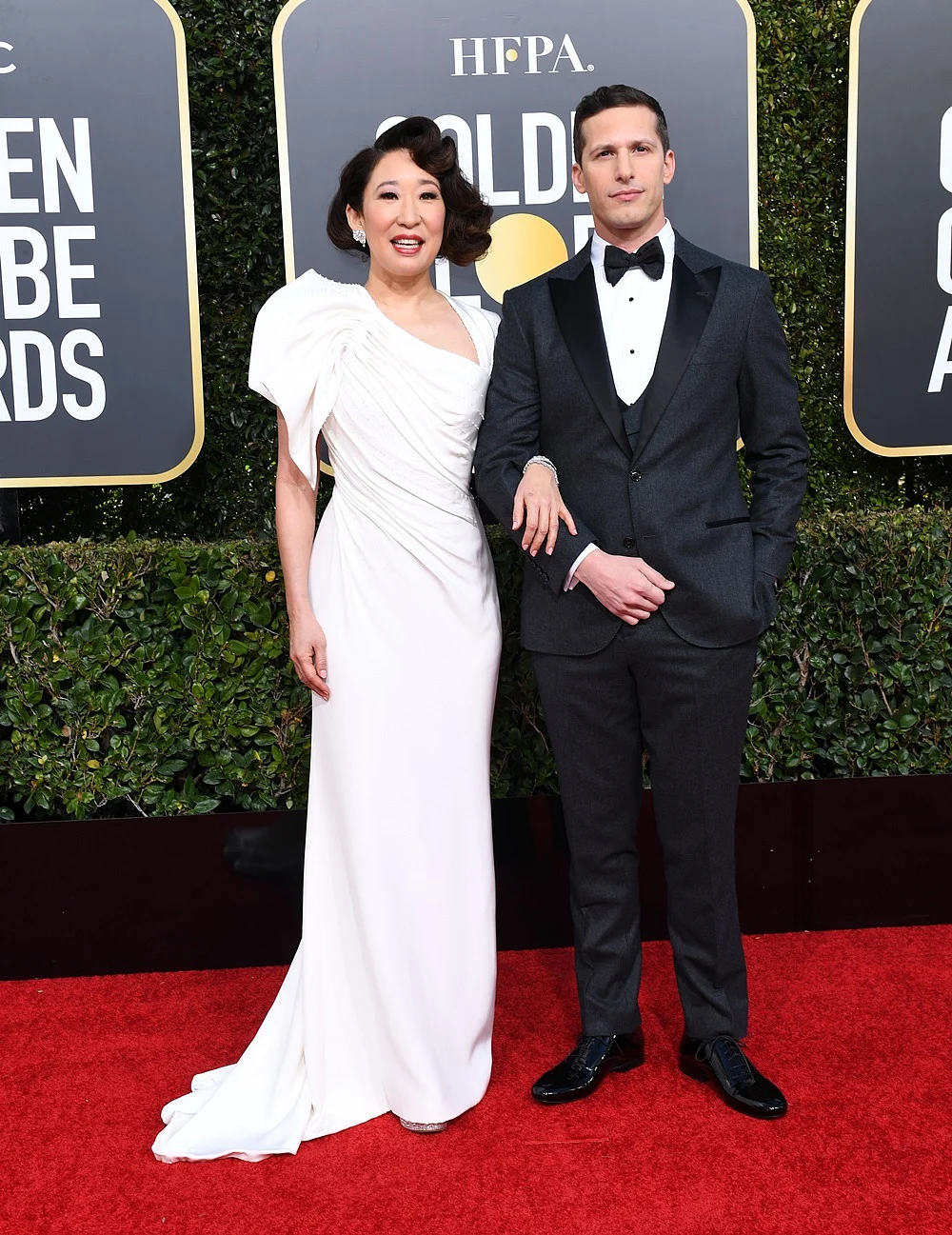 Sandra Oh with co-host Andy Samberg