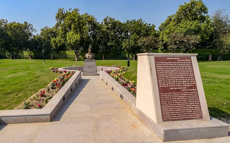 A statue of Lance Naik Albert Ekka, Param Vir Chakra (Posthumous), displayed at Param Yodha Sthal near the National War Memorial, in New Delhi, Sunday, Feb 24, 2019. PTI Photo/Vijay Verma