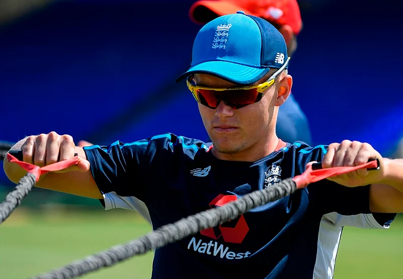 Sam Curran take part in a training session a day ahead of the 2nd T20 between the West Indies and England. Photo by Randy Brooks / AFP