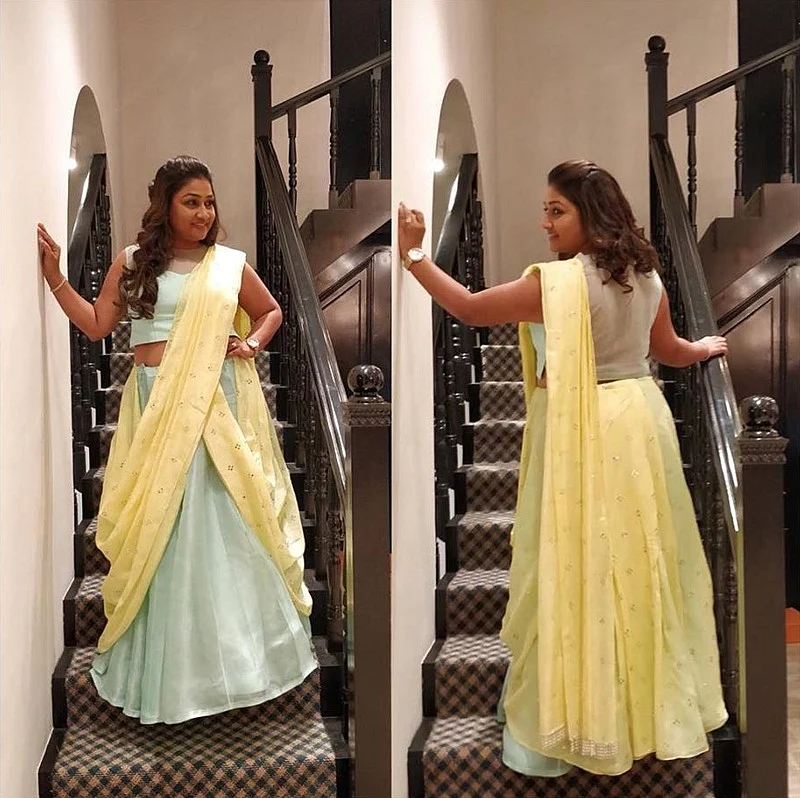 Sari over a lehenga