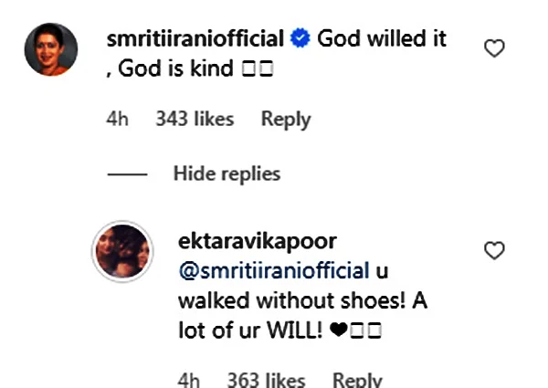 Ekta Kapoor is all praises for Smriti Irani’s 14 km walk to Siddhi Vinayak temple post Amethi victory
