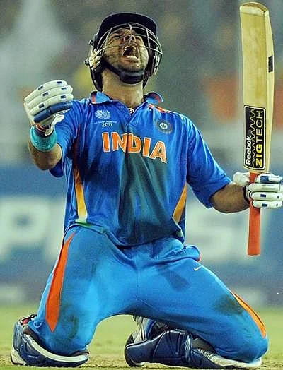 Yuvraj Singh celebrates after India knock Australia out of World Cup 2011