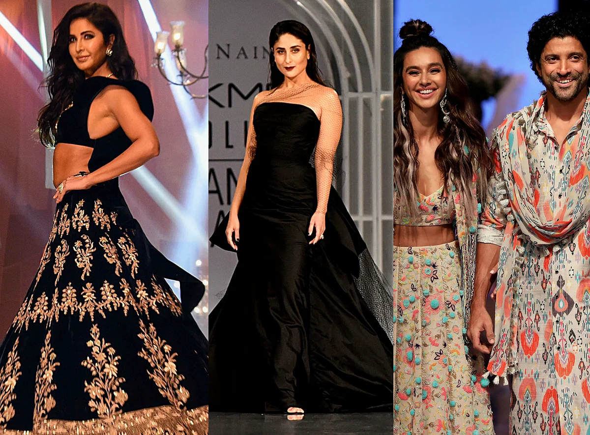 Kareena Kapoor wrapped in an all-black off-shoulder ensemble with layers of silk and net, the actor walked the ramp for closing designers Gauri & Nainika.