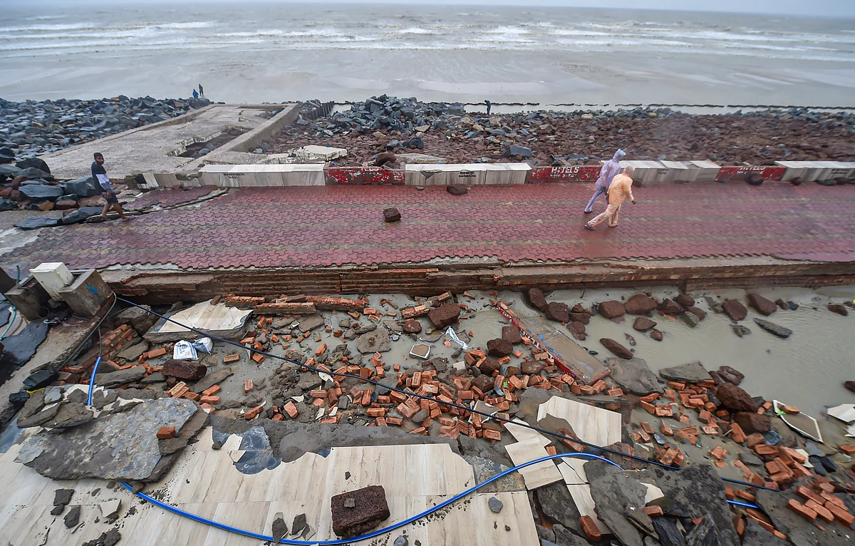 A damaged beach area due to rough sea during landfall of cyclone Yaas at Digha in East Midnapore district, Wednesay, May 26, 2021.