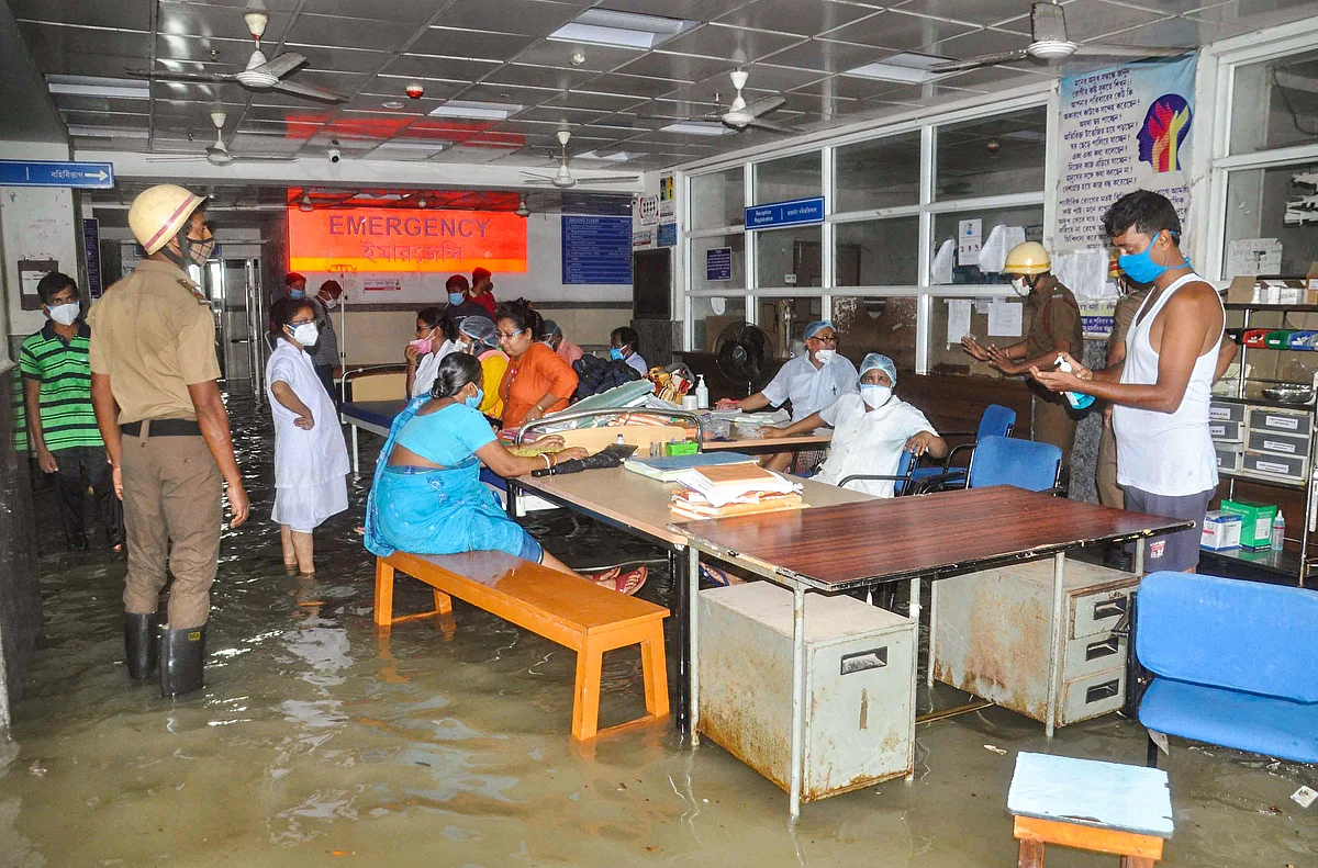 A flooded room after water entered inside Kakdwip Hospital following landfall of cyclone Yaas, at Kakdwip in South 24 Paragnas, Wednesday, May 26, 2021.