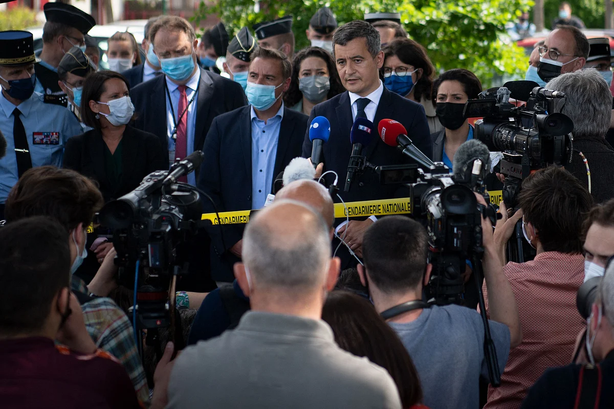 French Interior minister Gerald Darmanin addresses journalists