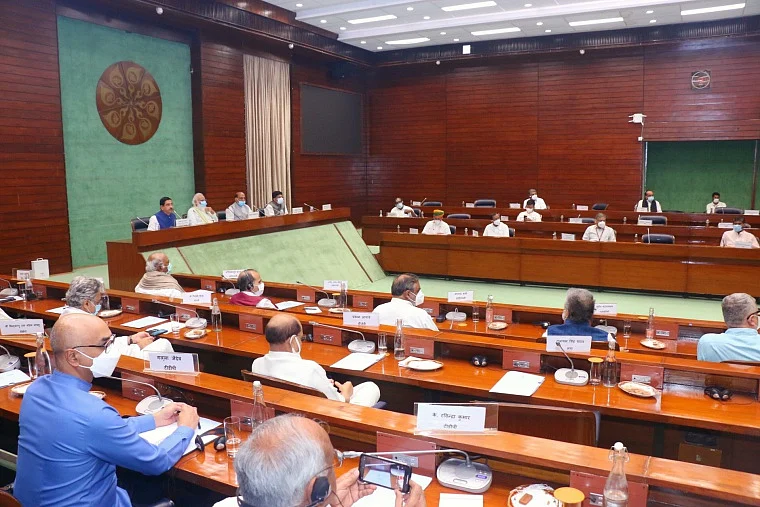 Prime Minister Narendra Modi chairs an all-party meeting at Parliament, a day before the commencement of the Monsoon session of Parliament,