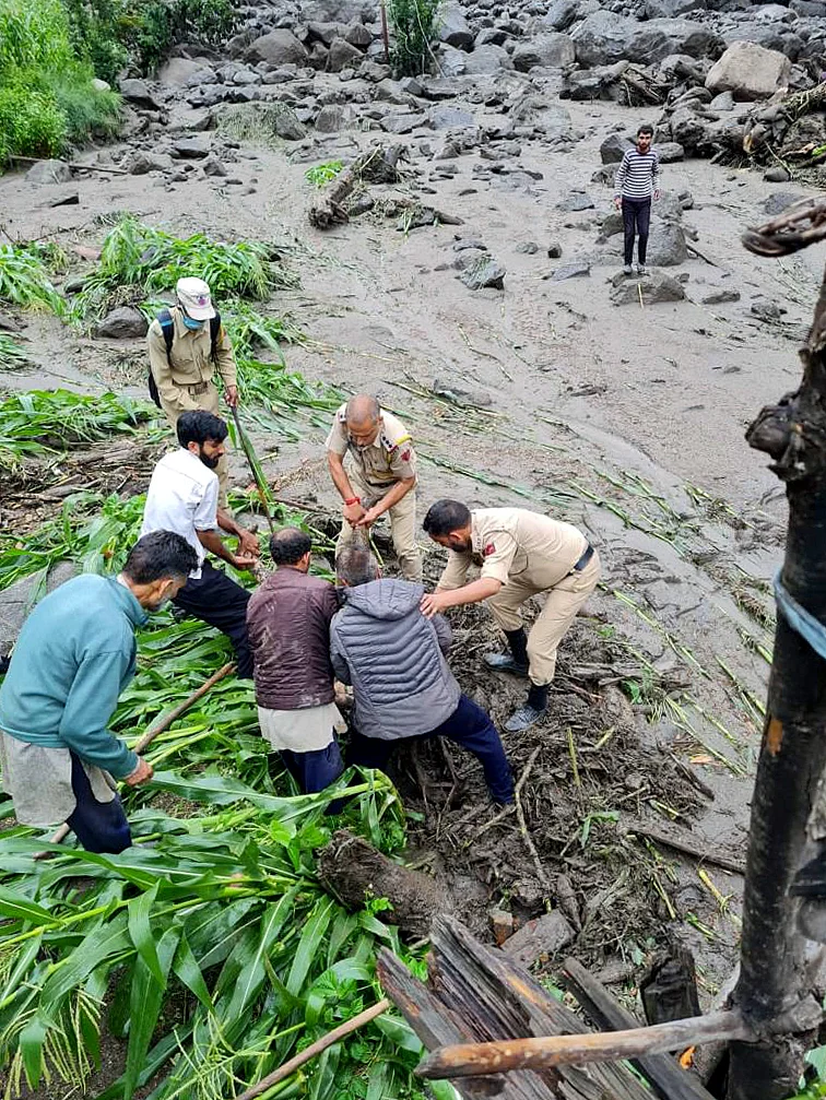 Police rescue operation underway at Hunzer area Dachhan various people are missing due to cloudburst, in Kishtwar,Jammu and Kashmir on Wednesday,