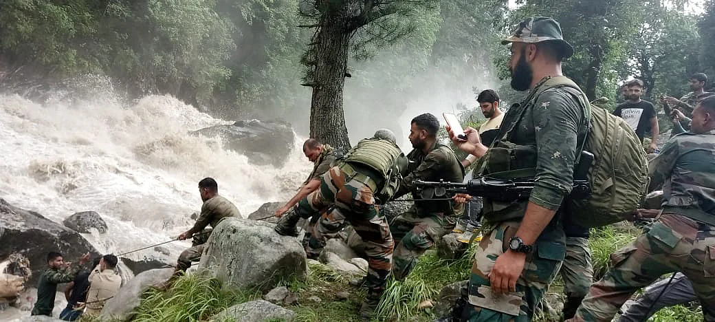 Indian Armys rescue operation is underway after a village was caught in a flash flood due to a cloudburst, in Kishtwar, Jammu and Kashmir on Wednesday.