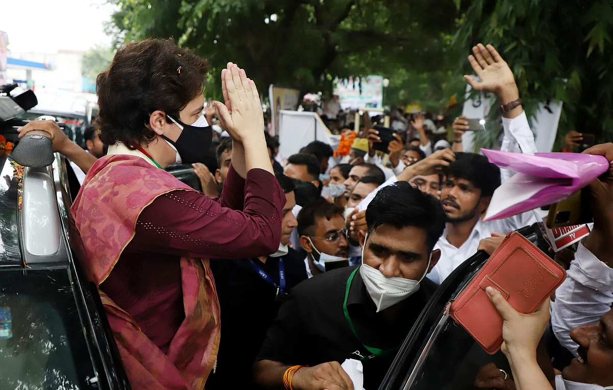 Uttar Pradesh, July 16 (ANI): All India Congress Committee (AICC) General Secretary Priyanka Gandhi Vadra greets Party supporters at Chaudhary Charan Singh International Airport, in Lucknow on Friday.