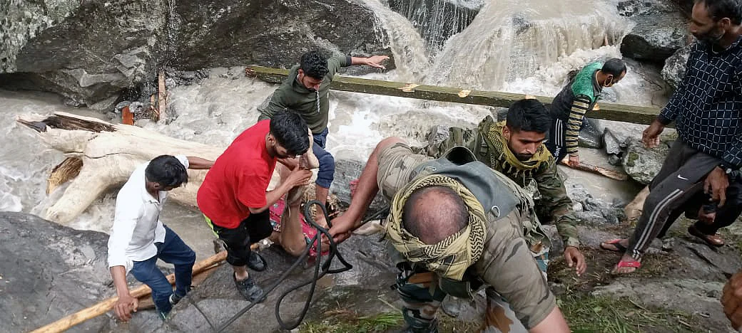 Indian Armys rescue operation is underway after a village was caught in a flash flood due to a cloudburst, in Kishtwar, Jammu and Kashmir on Wednesday.