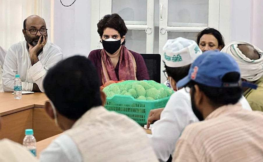 Uttar Pradesh, July 16 (ANI): Congress General Secretary Priyanka Gandhi holds a meeting with farmer leaders, in Lucknow on Friday.