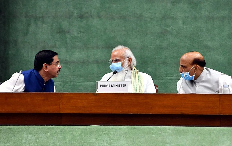 Prime Minister Narendra Modi, Defence Minister Rajnath Singh with Parliamentary Affairs Minister Pralhad Joshi during an all-party meeting
