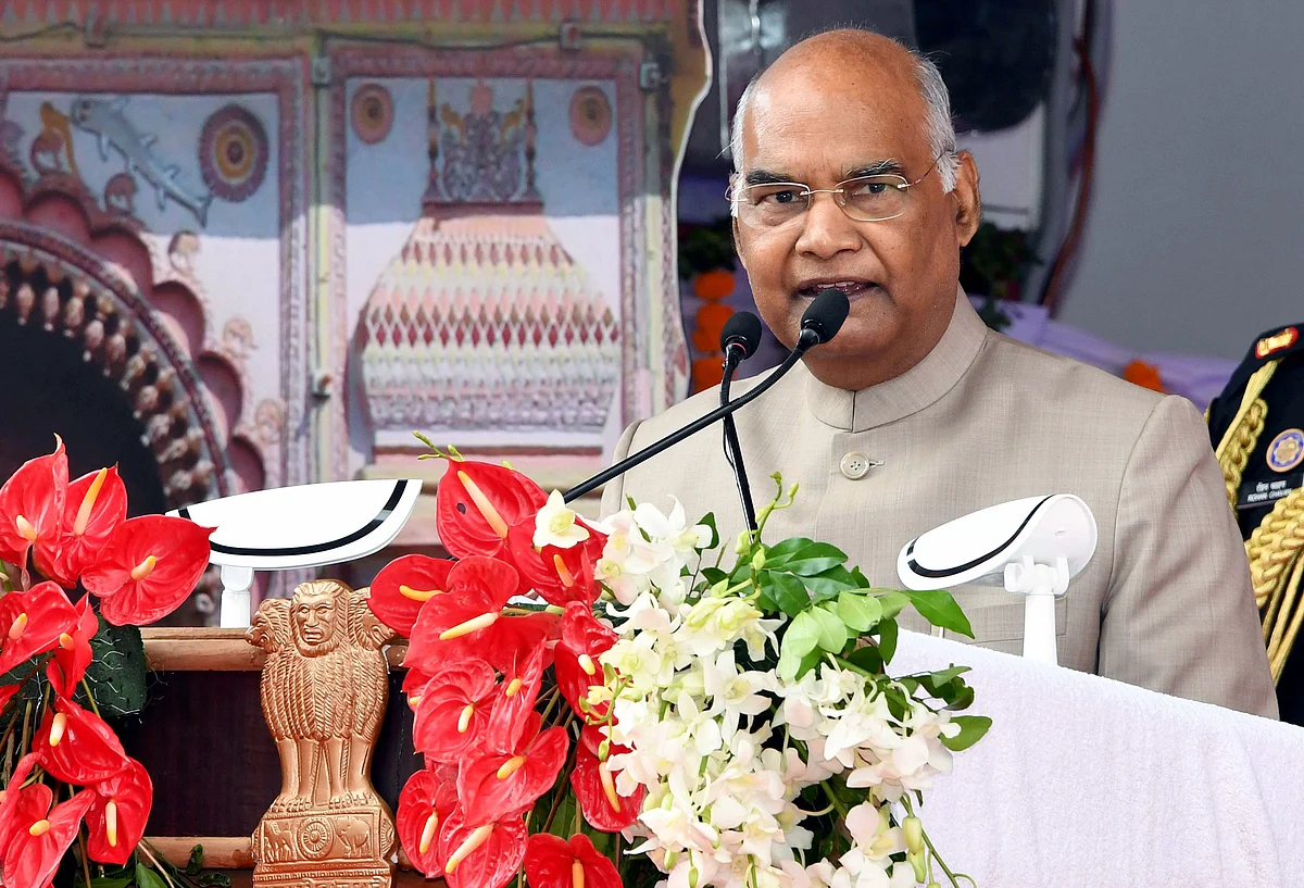 resident Ram Nath Kovind addresses during the inauguration of Ramayana Conclave at Ram Katha Park, in Ayodhya on Sunday.