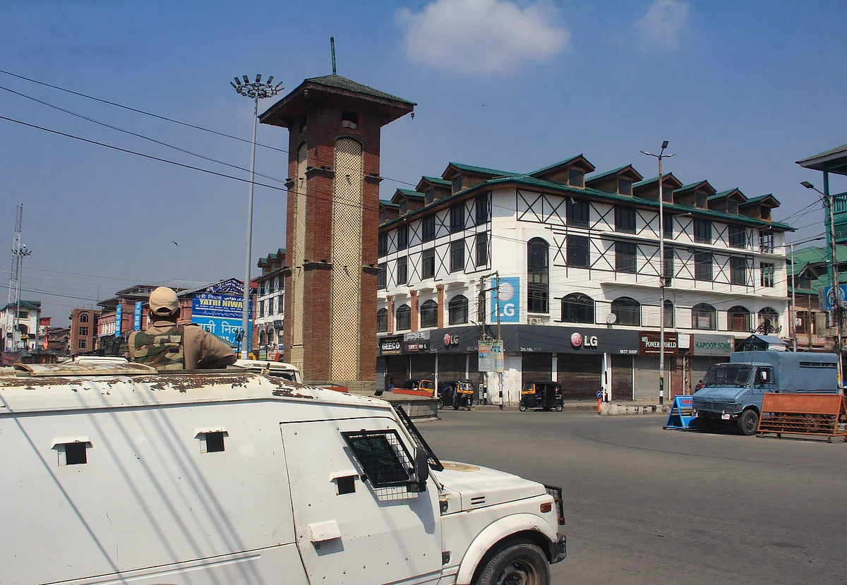 Lal chowk wore a deserted look as shopkeepers observed a unanimous shutdown to protest the abrogation of Article 370 & 35A on the second anniversary of the event, in Srinagar, Jammu & Kashmir, on August 5, 2021.
