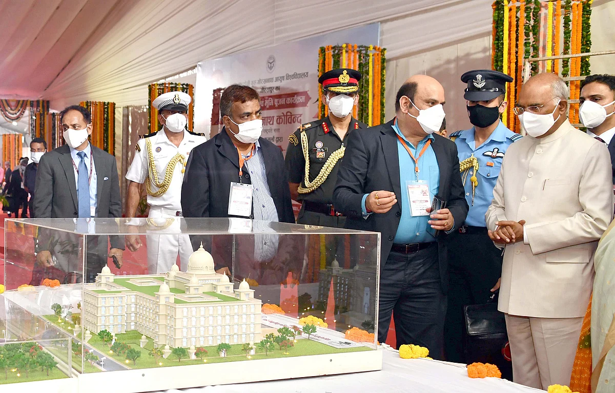 President Ram Nath Kovind at the foundation stone laying ceremony of the Mahayogi Guru Gorakhnath AYUSH Vishwavidyalaya, in Gorakhpur on Saturday.