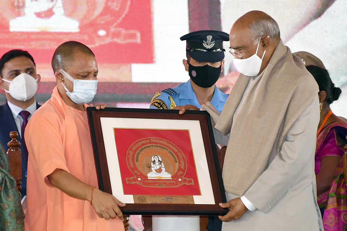 Uttar Pradesh Chief Minister Yogi Adityanath felicitates President Ram Nath Kovind during the inauguration of the Mahayogi Gorakhnath Vishwavidyalaya, in Gorakhpur on Saturday.