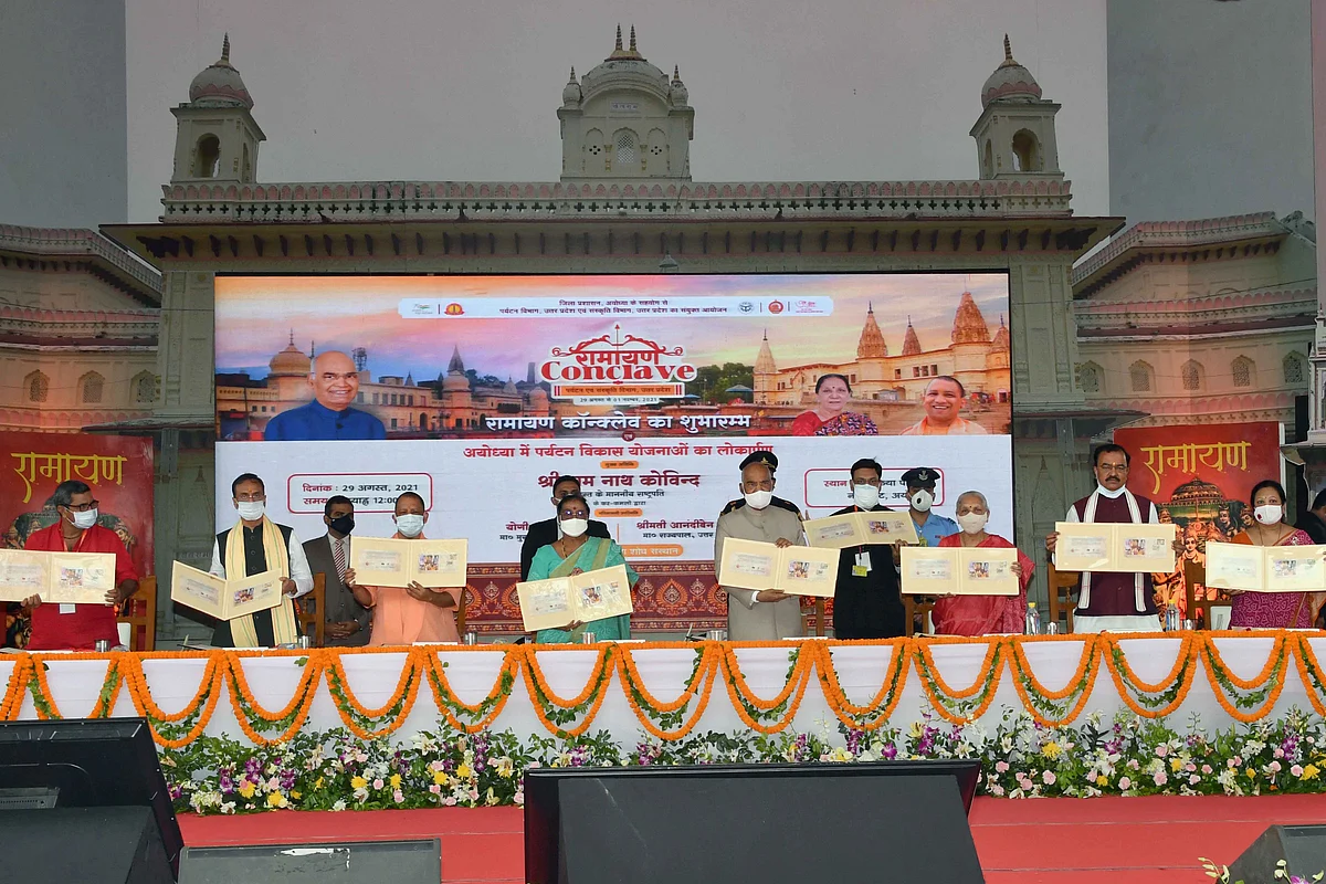 President Ram Nath Kovind inaugurates Ramayana Conclave and laying foundation stone of various projects of the Department of Culture and Tourism, Government of Uttar Pradesh at Ayodhya, Sunday, Aug. 29, 2021.