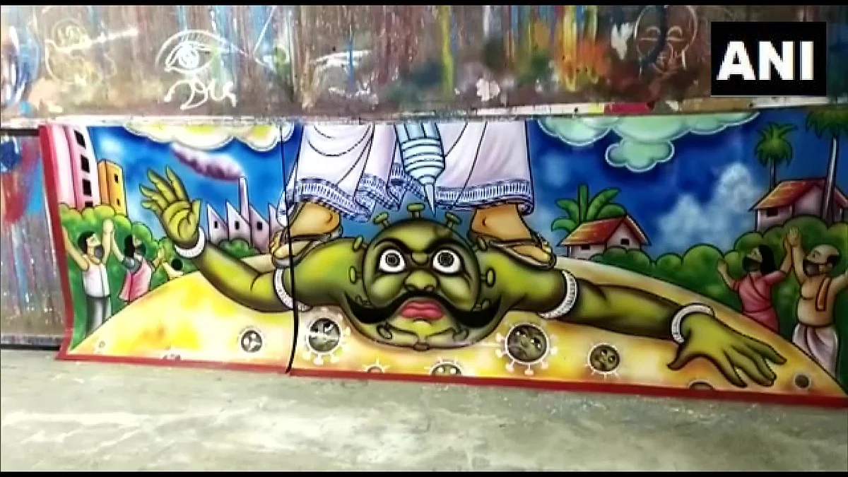 Ahead of Durga Puja, artists in Hooghly make huge paintings depicting Chief Minister Mamata Banerjee as 'Maa Durga'.