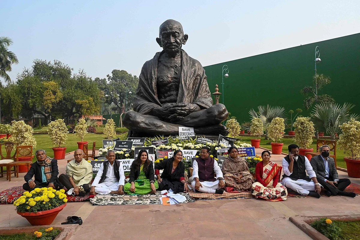 Watch Video: Rahul Gandhi joins Opposition's protest against suspension of 12 Rajya Sabha MP