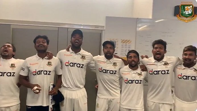 Watch Video: Bangladesh's spirited dressing room celebrations after historic victory against New...