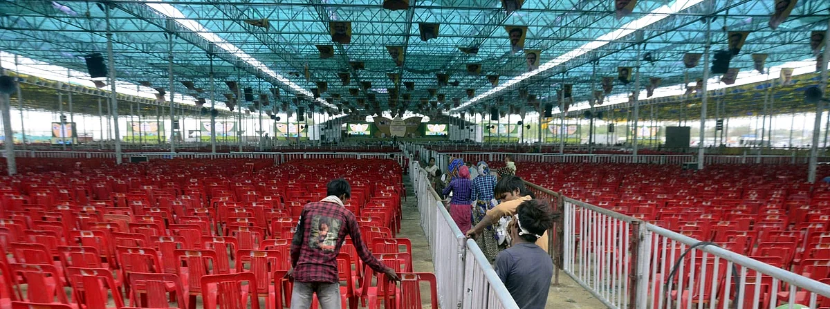 Preparation underway at Jamboree Maidan for Union Home Minister Amit Shah's visit.