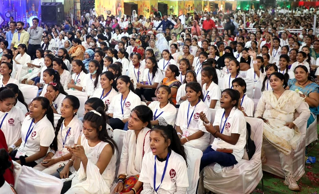 Students during launch of Ladli Laxmi Scheme-2, at Lal Parade ground in Bhopal, Sunday,