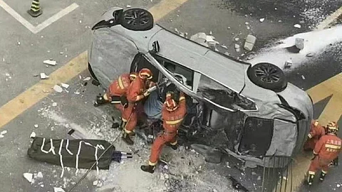 China: Two killed as Nio electric car falls out of third floor of office in Shanghai