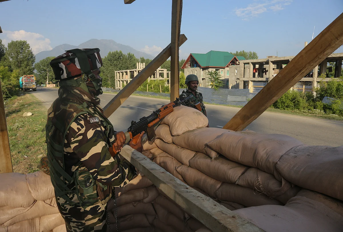 Security personnel stand guard at a checkpoint in Amarnath Base camp in Sonmarg, ahead of the Annual Hindu pilgrimage to the holy cave shrine of Amarnath.