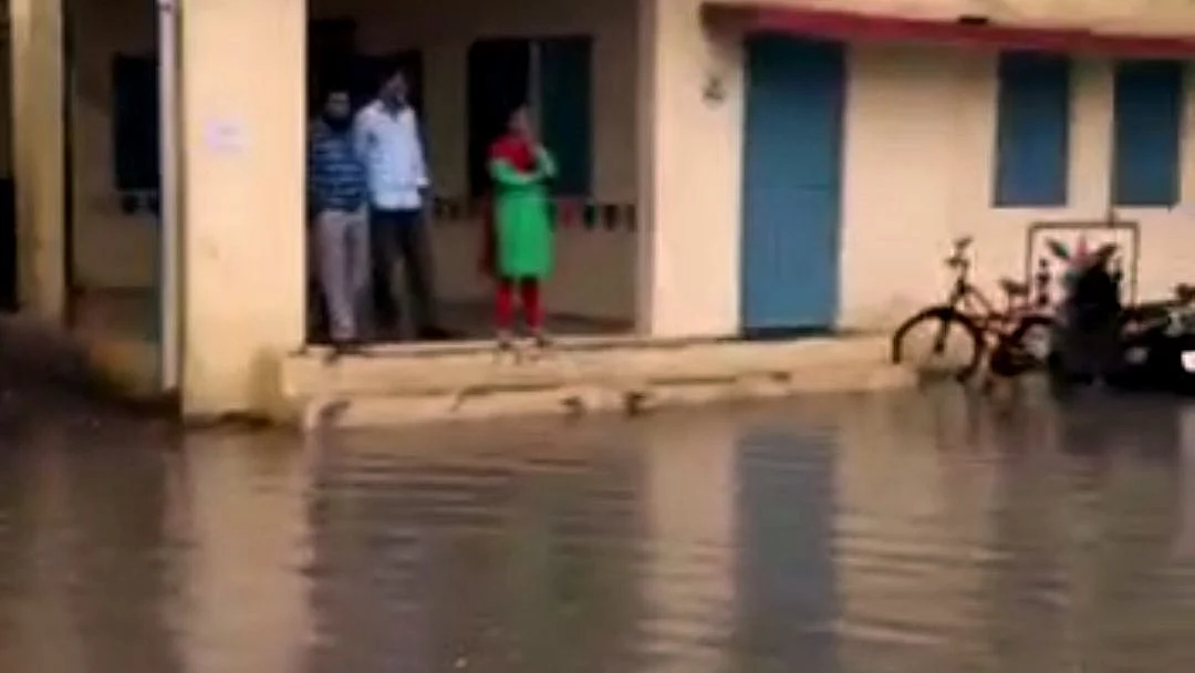 Knee-deep water was seen at the Government Nootan Girls Higher Secondary school on the eve of polling in Ujjain on Tuesday.