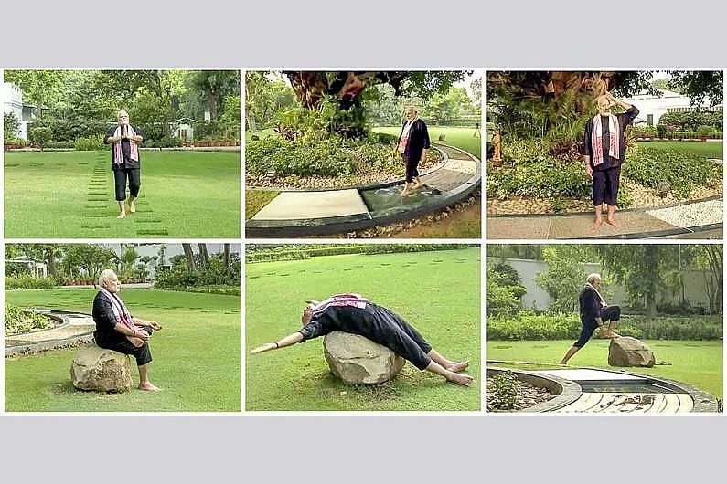 A combo picture of the still images taken from a video shows Prime Minister Narendra Modi doing yoga exercises. The world is set to observe the 4th International Day of Yoga on June 21, 2018.