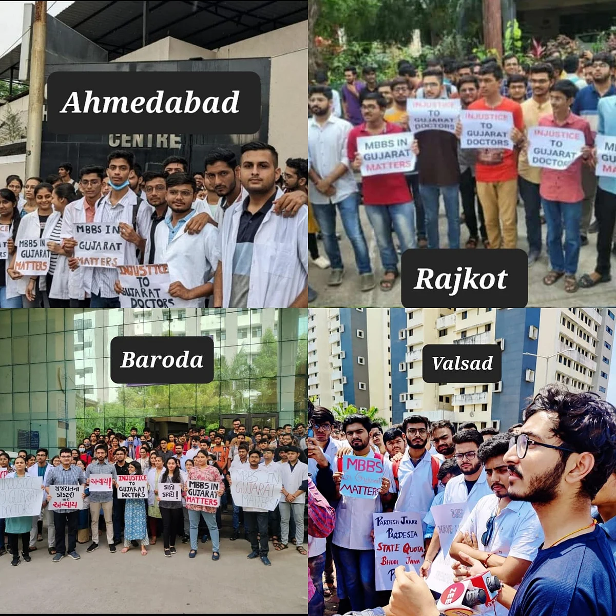 Students protesting in Ahmedabad, Rajkot, Baroda, and Valsad against the Gujarat government's new rule