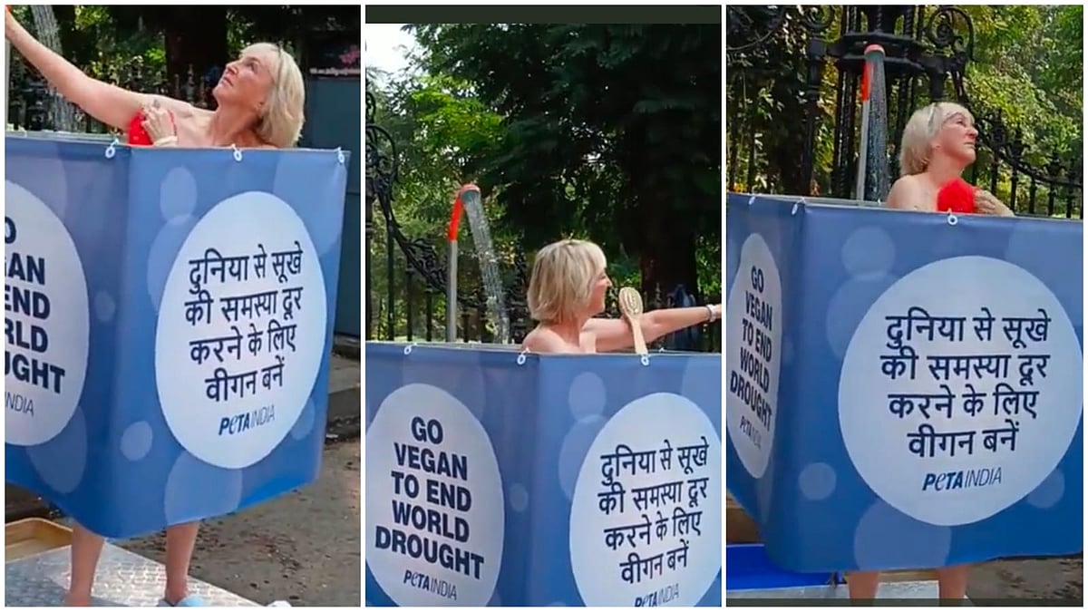 WATCH: PETA India founder Ingrid Newkirk takes shower on road in Mumbai to highlight wastage of water in meat and dairy production - Vimarsana News